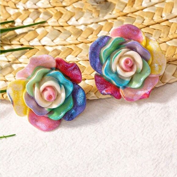 New COLORFULL ROSE stud earrings fun whimsical kawaii - Picture 2 of 9